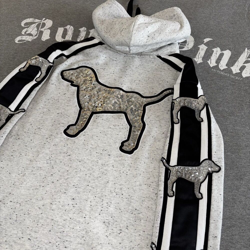 Victoria's Secret PINK Hoodie Silver Sequin Bling Pup Dog Logo Pullover Medium - Picture 2 of 16